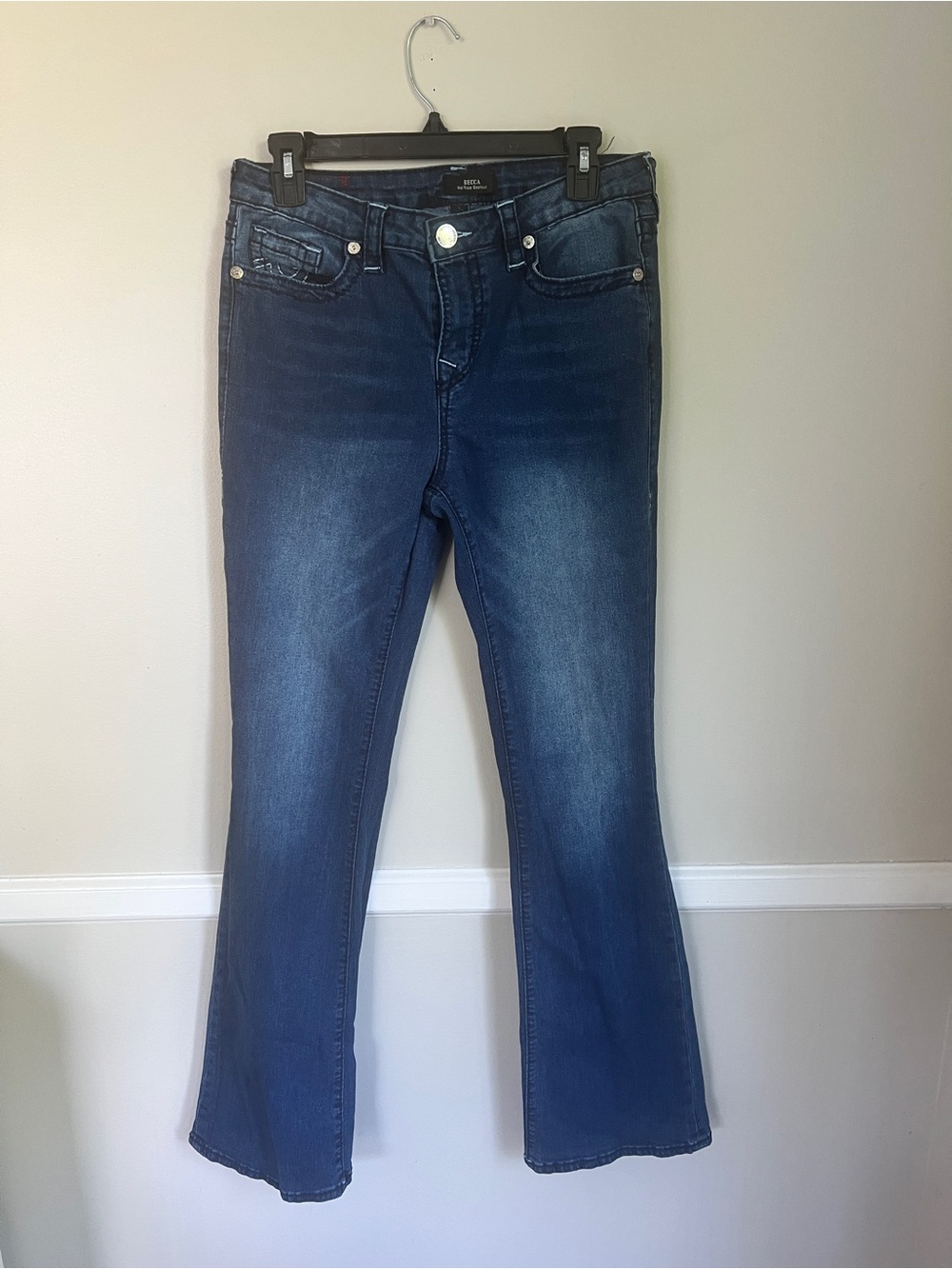 True Religion BECCA Mid Rise Bootcut Jeans in Dark Blue Denim with Gold Button